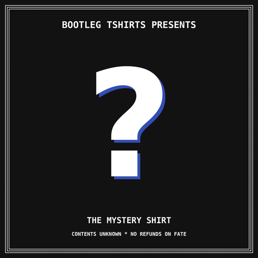 The Mystery Shirt — black square with a giant question mark. Contents unknown.